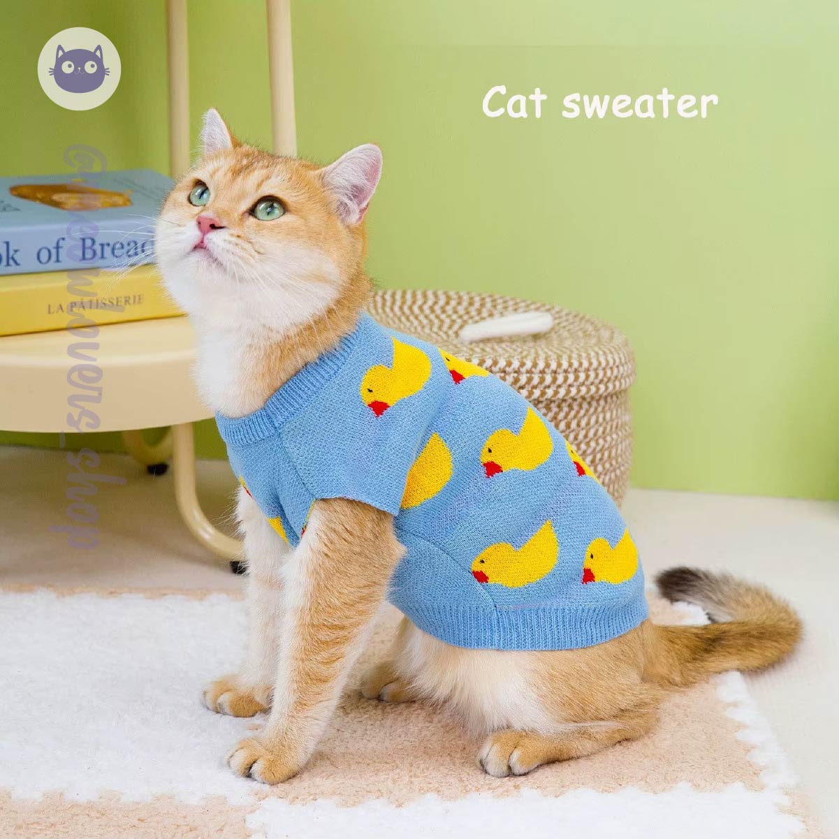 Cozy Winter Cat Sweater with Cartoon Duck Pattern